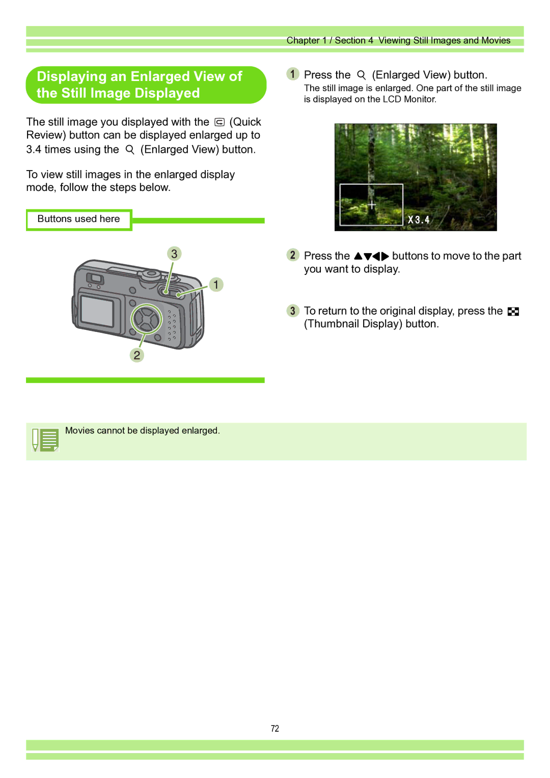 Ricoh Caplio RR30 operation manual Displaying an Enlarged View of the Still Image Displayed, Press the Enlarged View button 