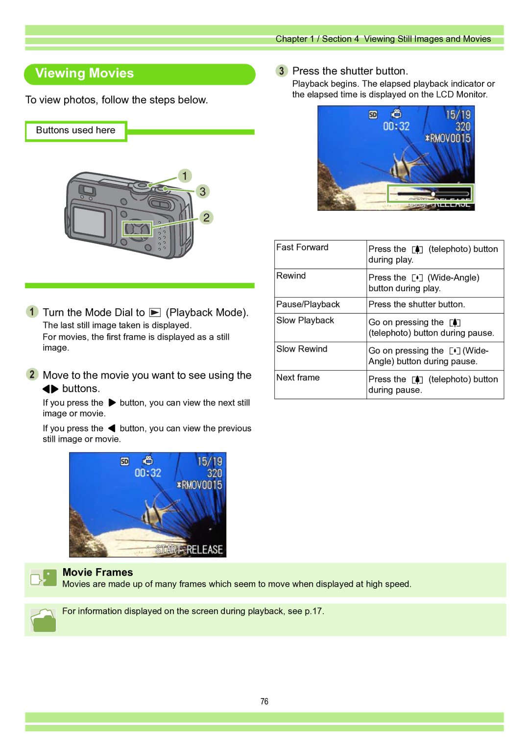 Ricoh Caplio RR30 operation manual Viewing Movies, To view photos, follow the steps below, Movie Frames 