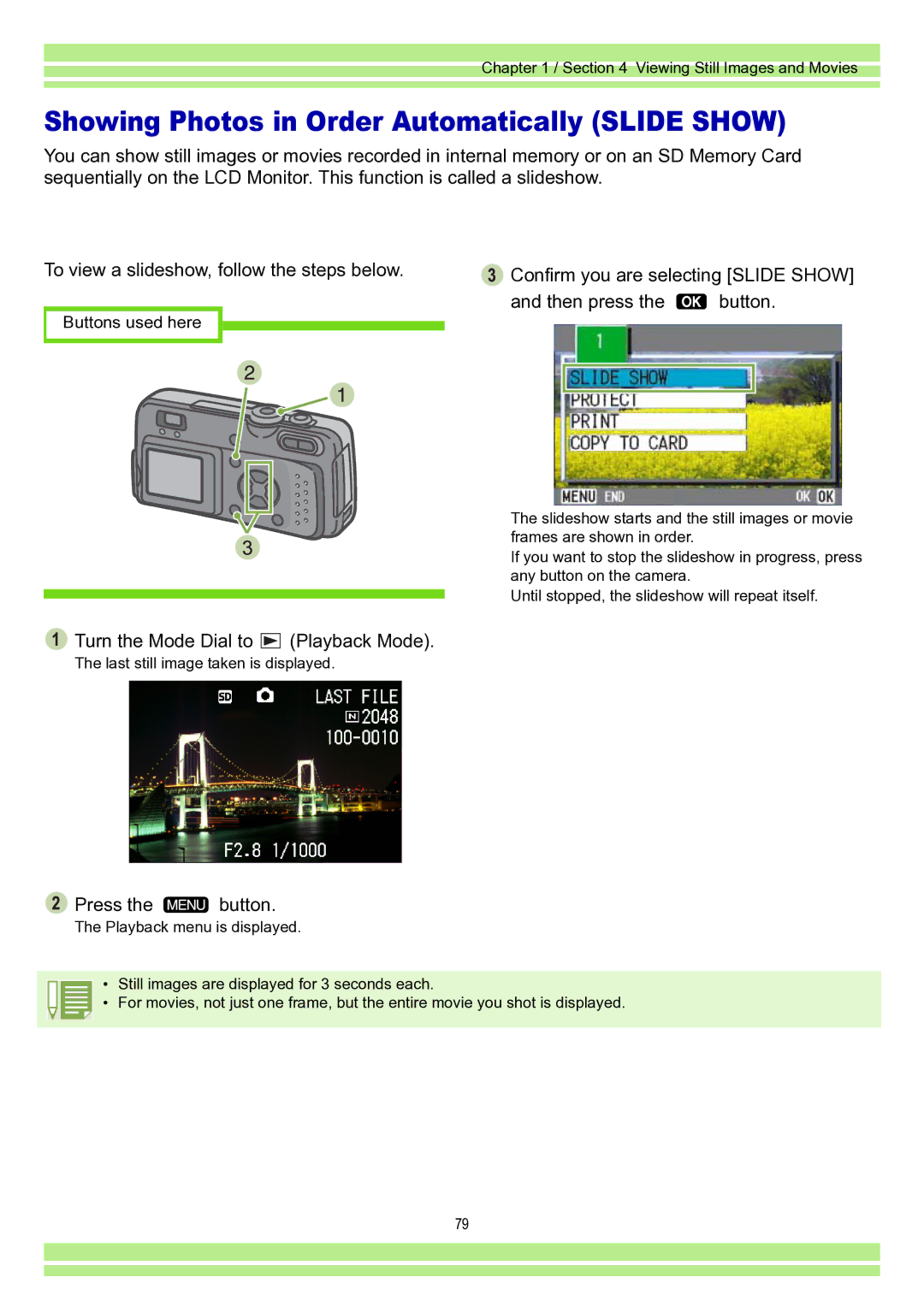 Ricoh Caplio RR30 operation manual Showing Photos in Order Automatically Slide Show, Press the button 