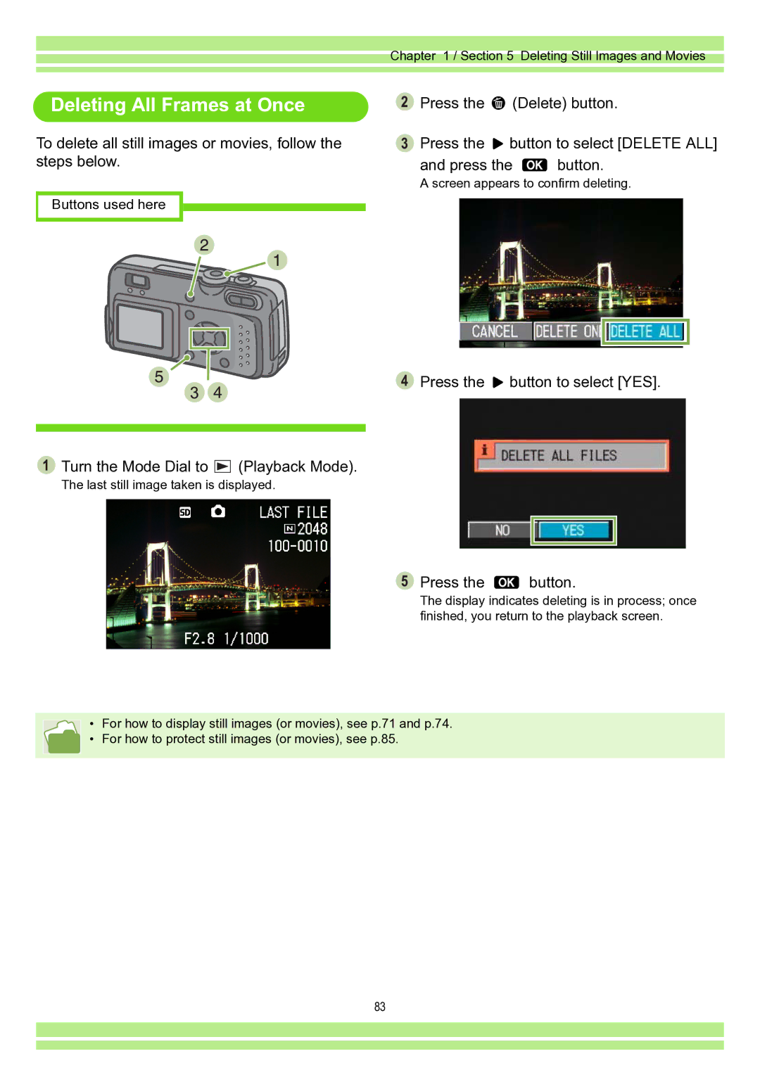 Ricoh Caplio RR30 Deleting All Frames at Once, To delete all still images or movies, follow the steps below 