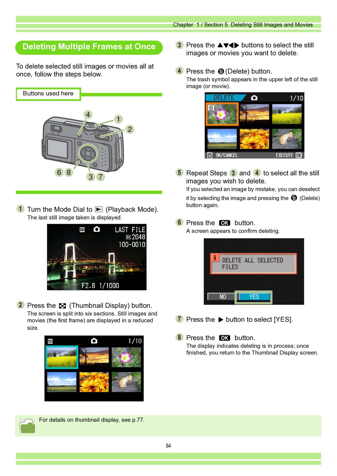 Ricoh Caplio RR30 operation manual Deleting Multiple Frames at Once, Press the Thumbnail Display button 