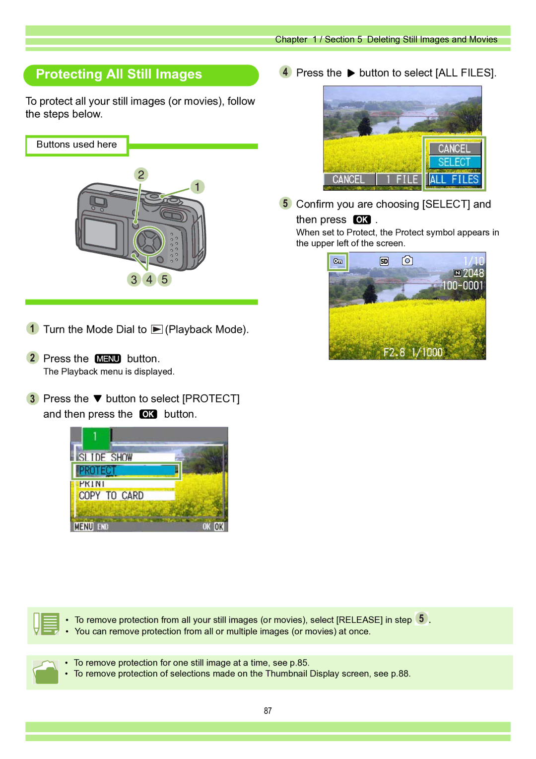 Ricoh Caplio RR30 operation manual Protecting All Still Images, Turn the Mode Dial to Playback Mode Press the button 