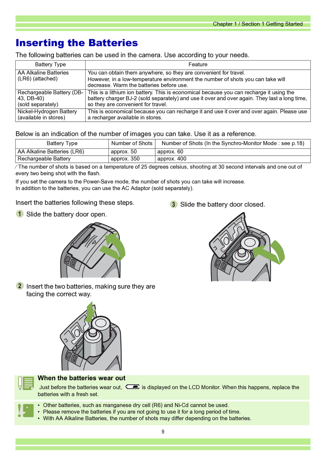 Ricoh Caplio RR30 operation manual Inserting the Batteries, When the batteries wear out 