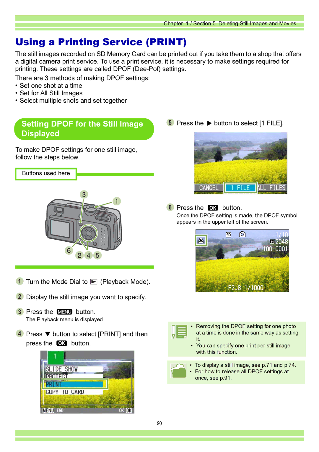 Ricoh Caplio RR30 operation manual Using a Printing Service Print, Setting Dpof for the Still Image Displayed 