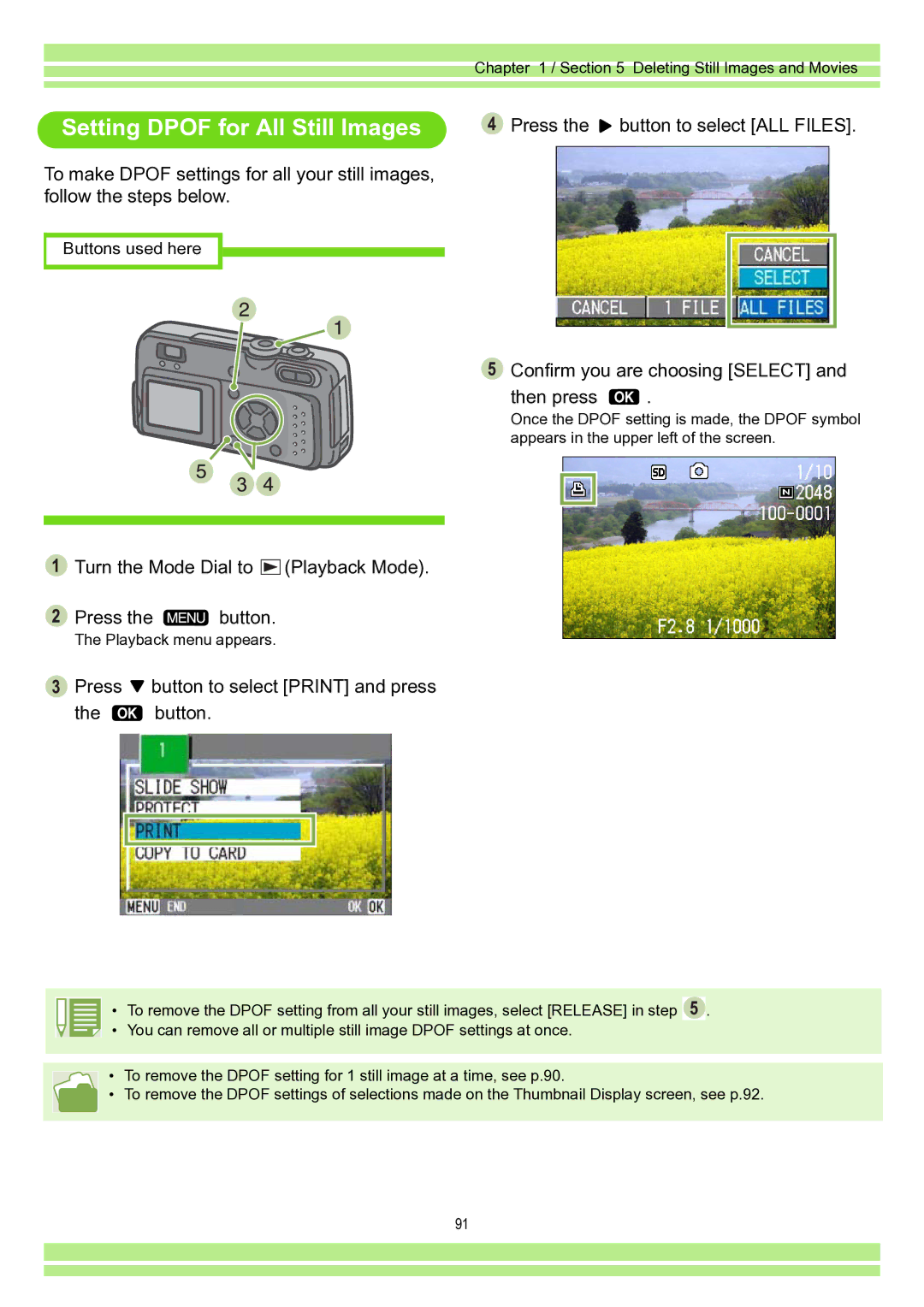 Ricoh Caplio RR30 operation manual Setting Dpof for All Still Images, Turn the Mode Dial to Playback Mode Press the button 