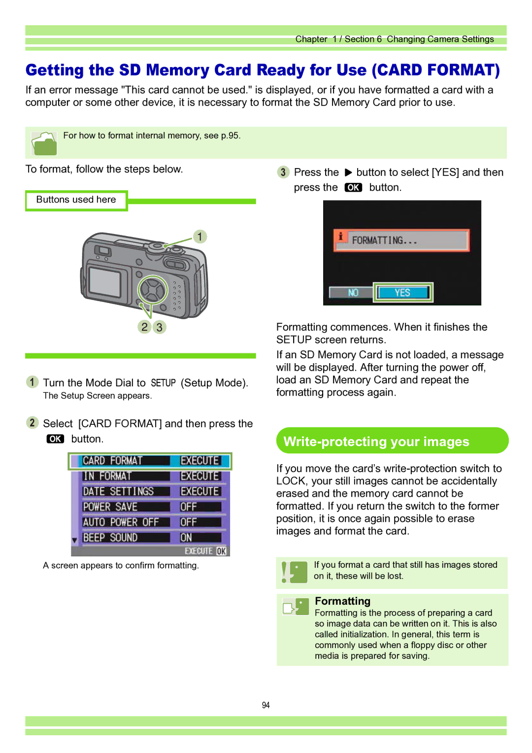 Ricoh Caplio RR30 operation manual Write-protecting your images, To format, follow the steps below, Formatting 