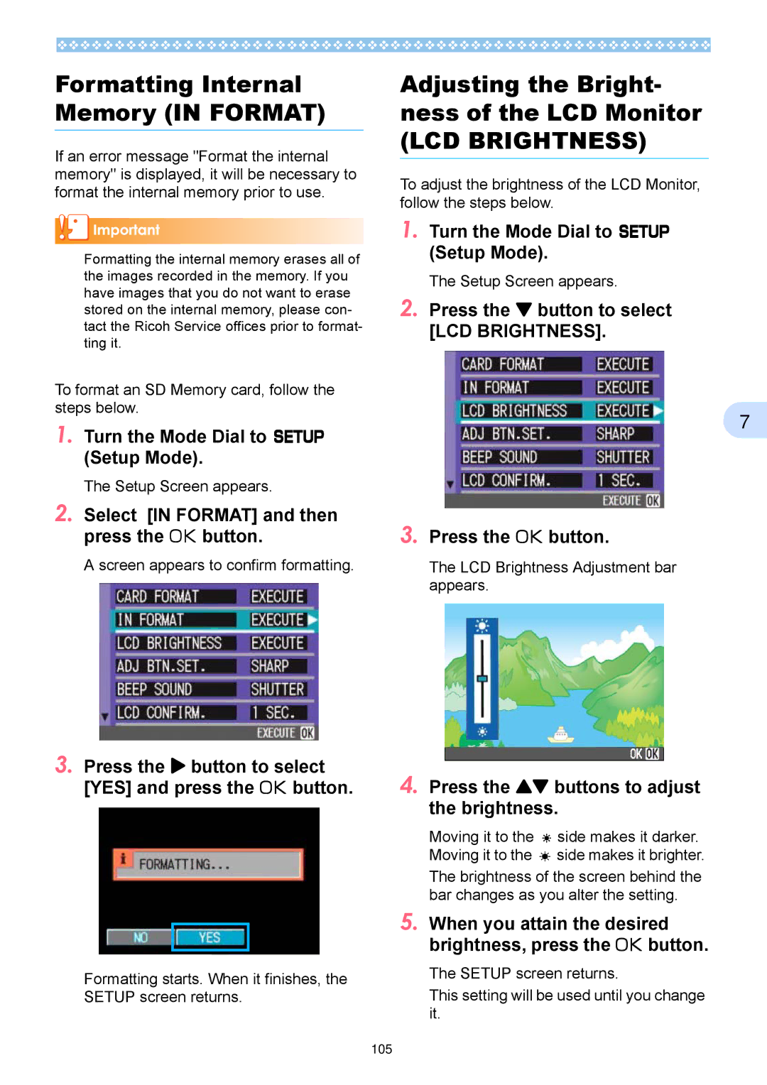 Ricoh Caplio RX operation manual Formatting Internal Memory in Format, Adjusting the Bright- ness of the LCD Monitor 