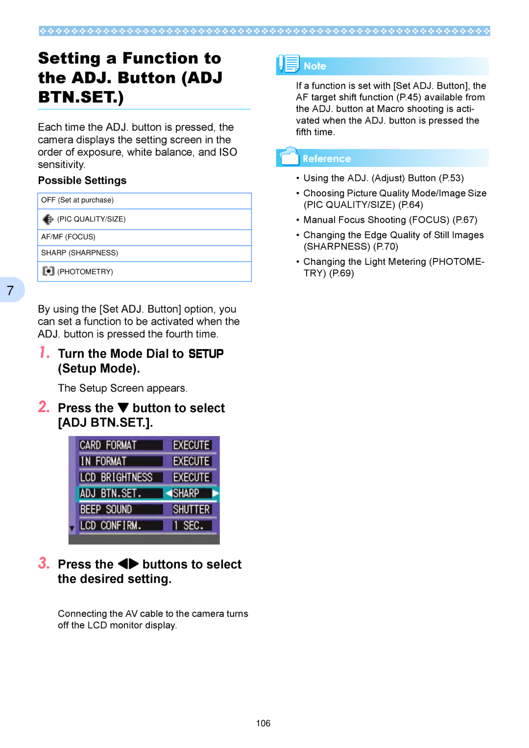 Ricoh Caplio RX operation manual Setting a Function to the ADJ. Button ADJ BTN.SET, Possible Settings 