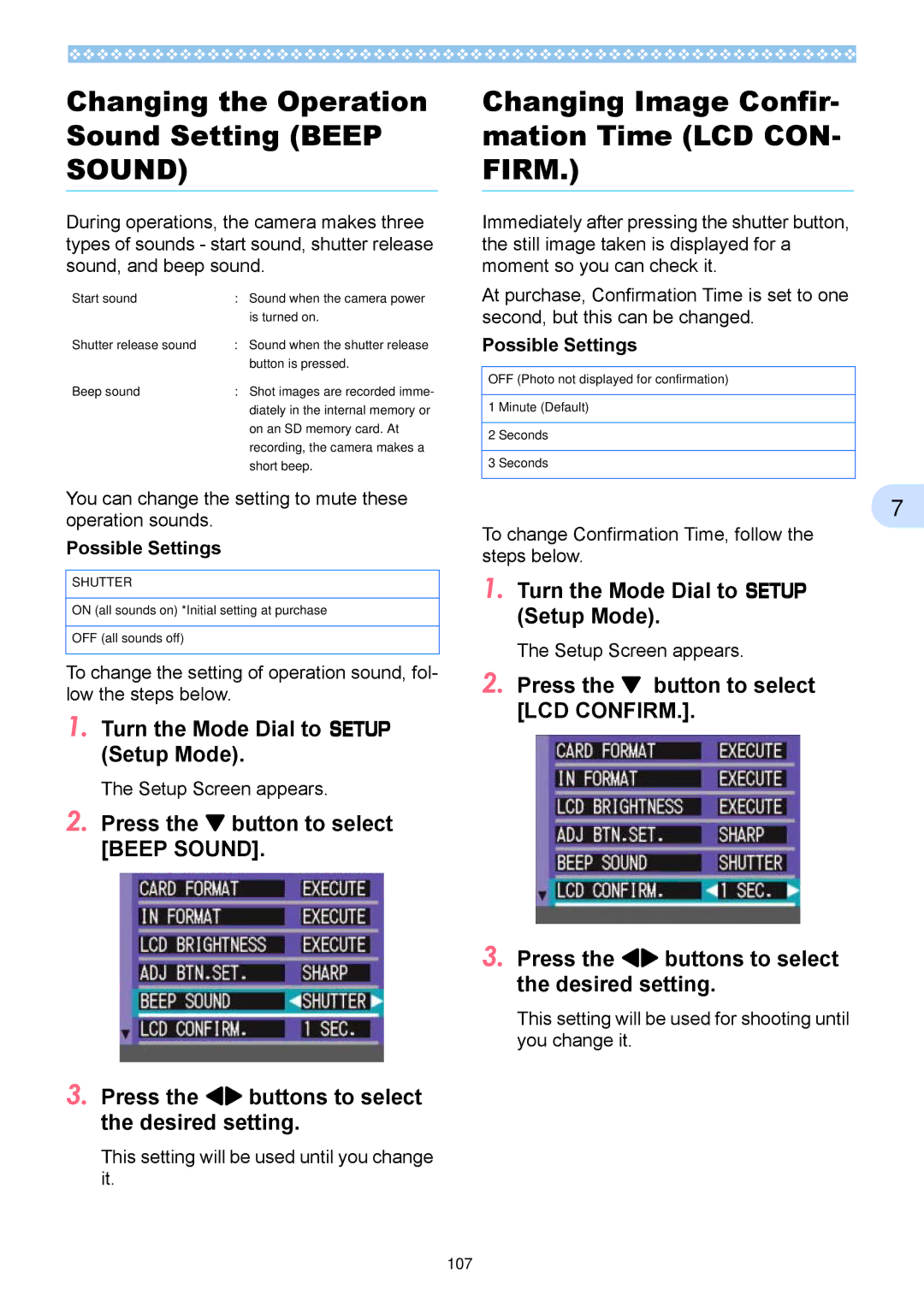 Ricoh Caplio RX Changing the Operation Sound Setting Beep, Changing Image Confir- mation Time LCD CON- Firm, Shutter 