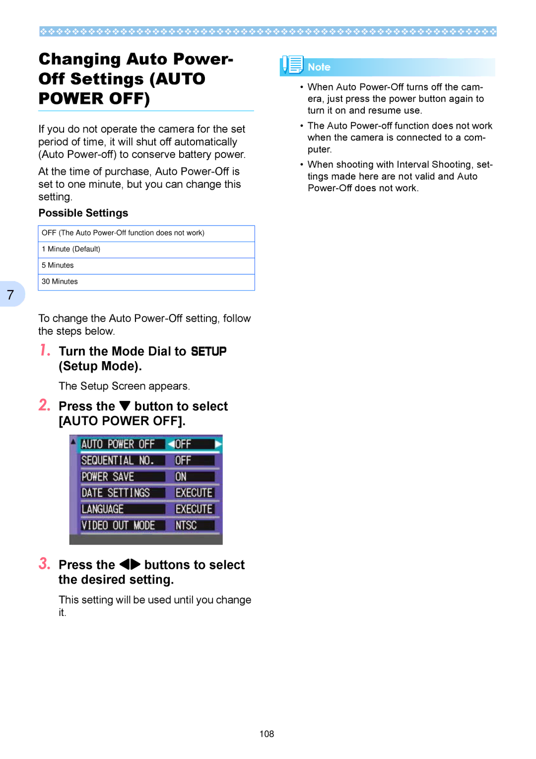 Ricoh Caplio RX Changing Auto Power Off Settings Auto, To change the Auto Power-Off setting, follow the steps below 