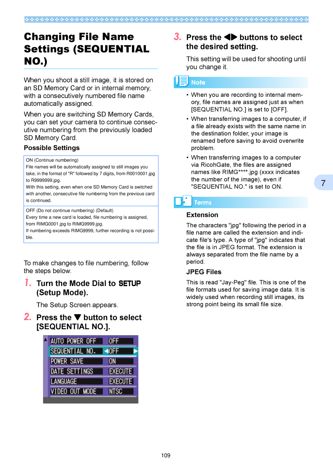 Ricoh Caplio RX Changing File Name Settings Sequential, To make changes to file numbering, follow the steps below 