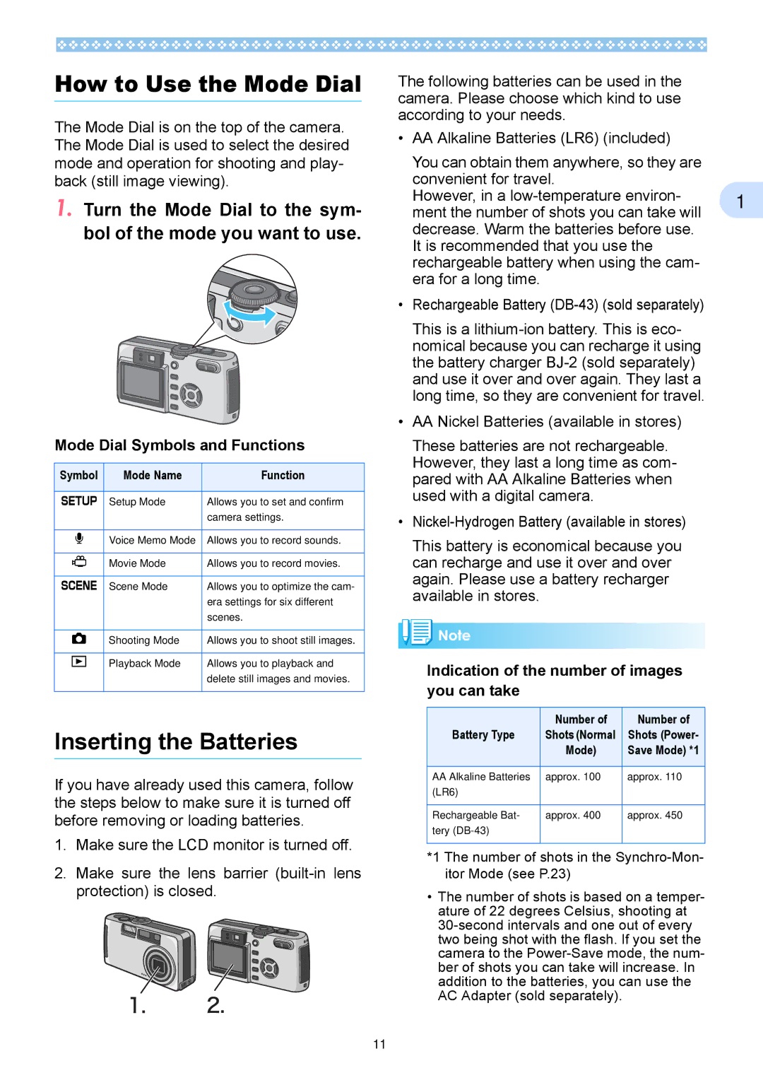 Ricoh Caplio RX operation manual How to Use the Mode Dial, Inserting the Batteries, Mode Dial Symbols and Functions 