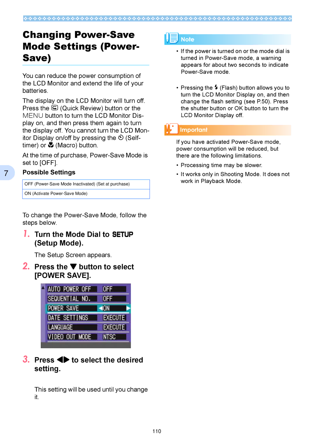 Ricoh Caplio RX Changing Power-Save Mode Settings Power, To change the Power-Save Mode, follow the steps below 