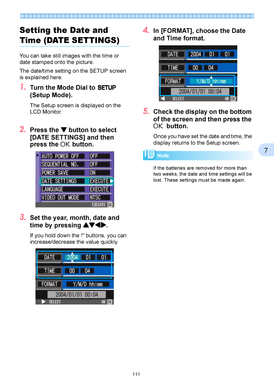 Ricoh Caplio RX operation manual FORMAT, choose the Date and Time format, Setup screen is displayed on the LCD Monitor 