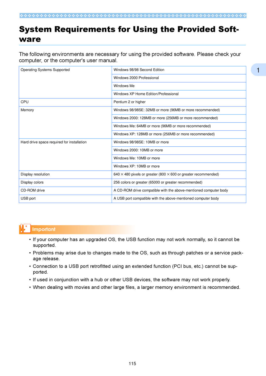 Ricoh Caplio RX operation manual System Requirements for Using the Provided Soft- ware, Cpu 