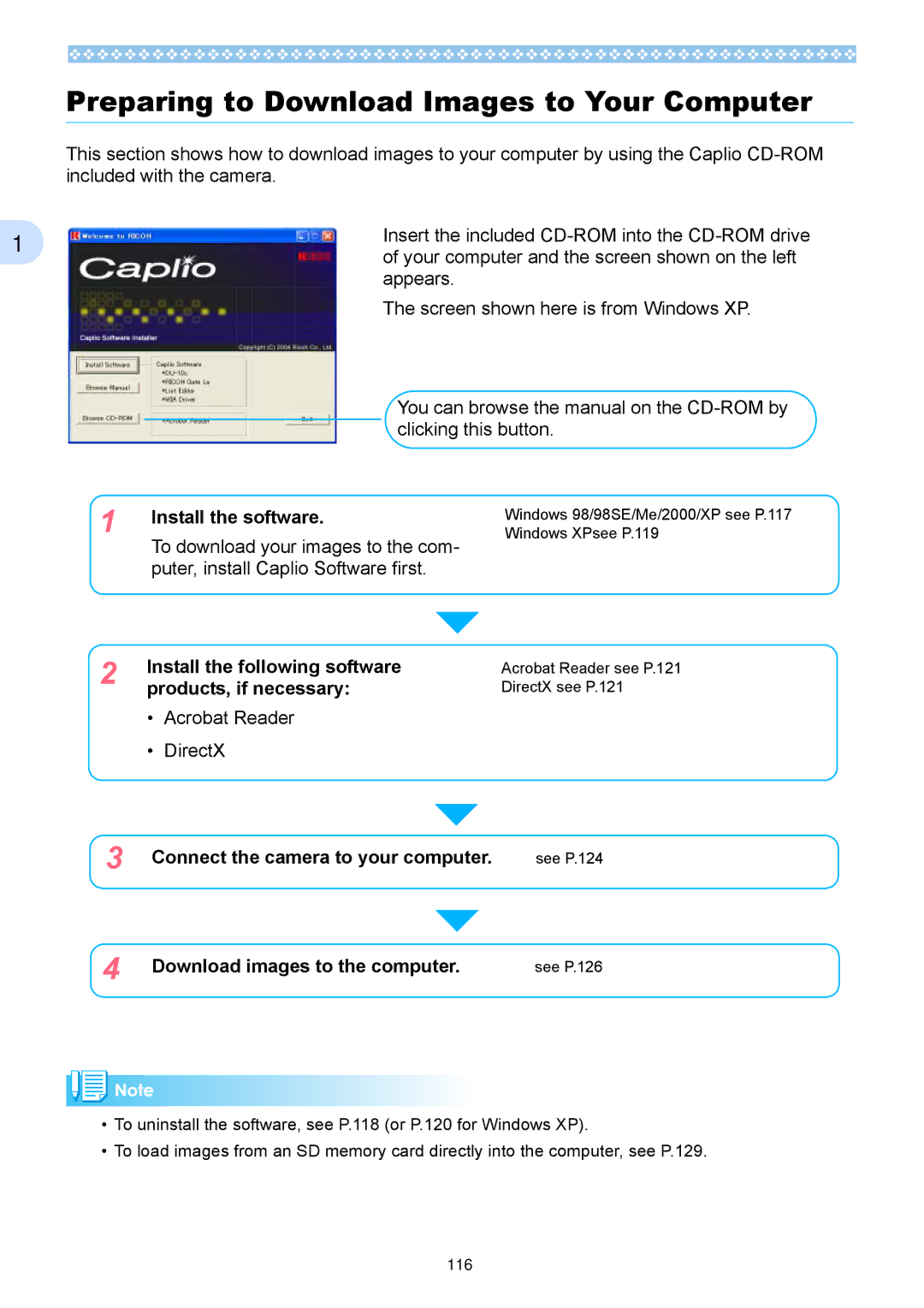 Ricoh Caplio RX Preparing to Download Images to Your Computer, Install the software, Acrobat Reader DirectX 