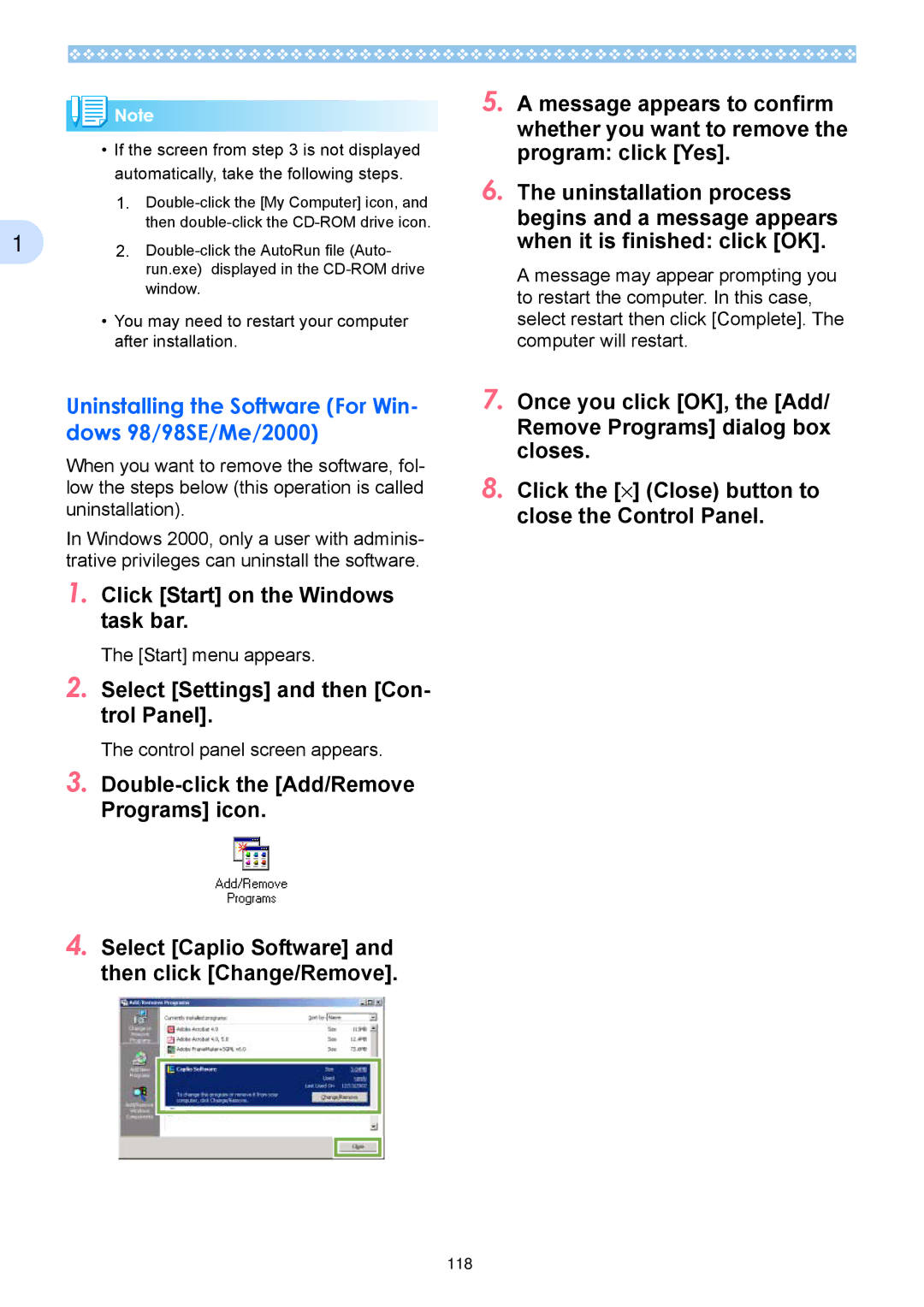 Ricoh Caplio RX Uninstalling the Software For Win- dows 98/98SE/Me/2000, Click Start on the Windows task bar 