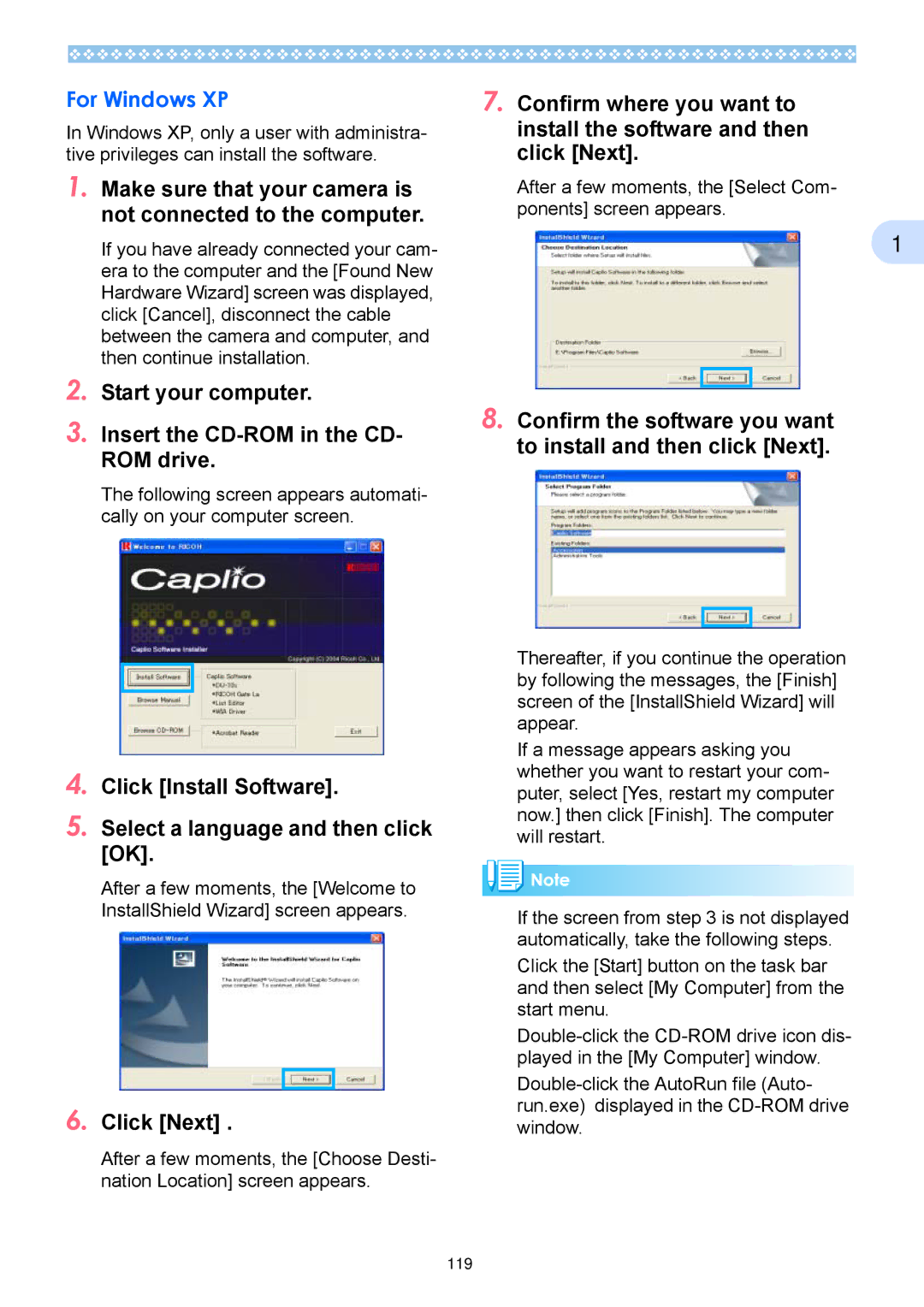 Ricoh Caplio RX operation manual For Windows XP, Click Install Software Select a language and then click OK 