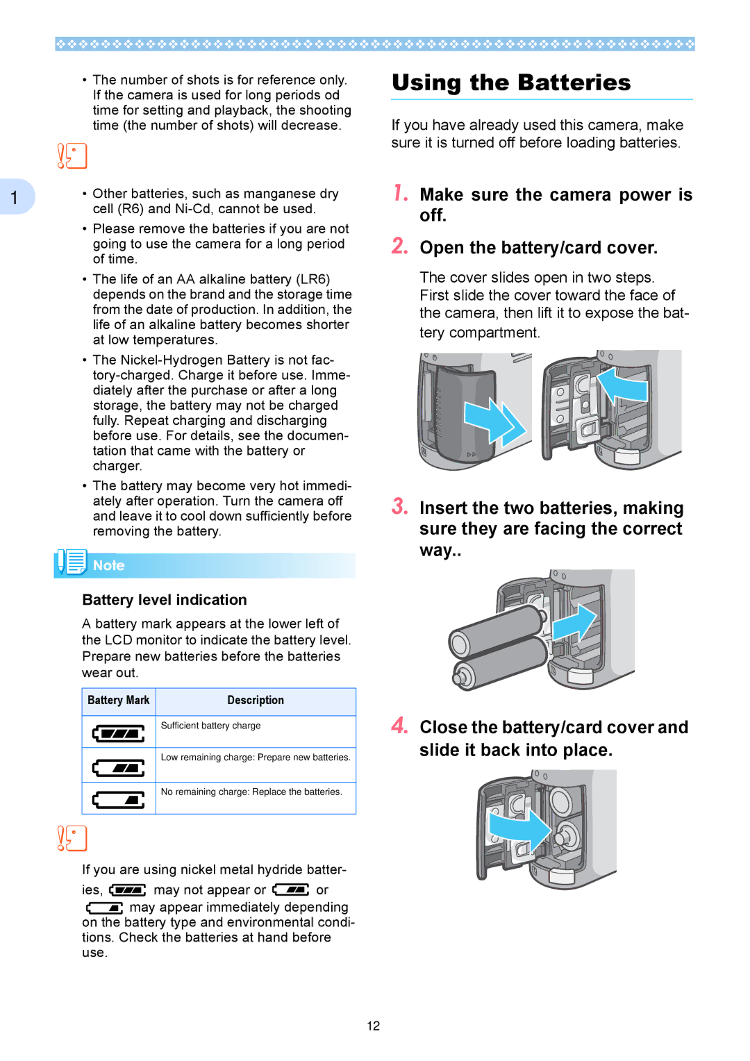 Ricoh Caplio RX operation manual Using the Batteries, Battery level indication, Battery Mark Description 