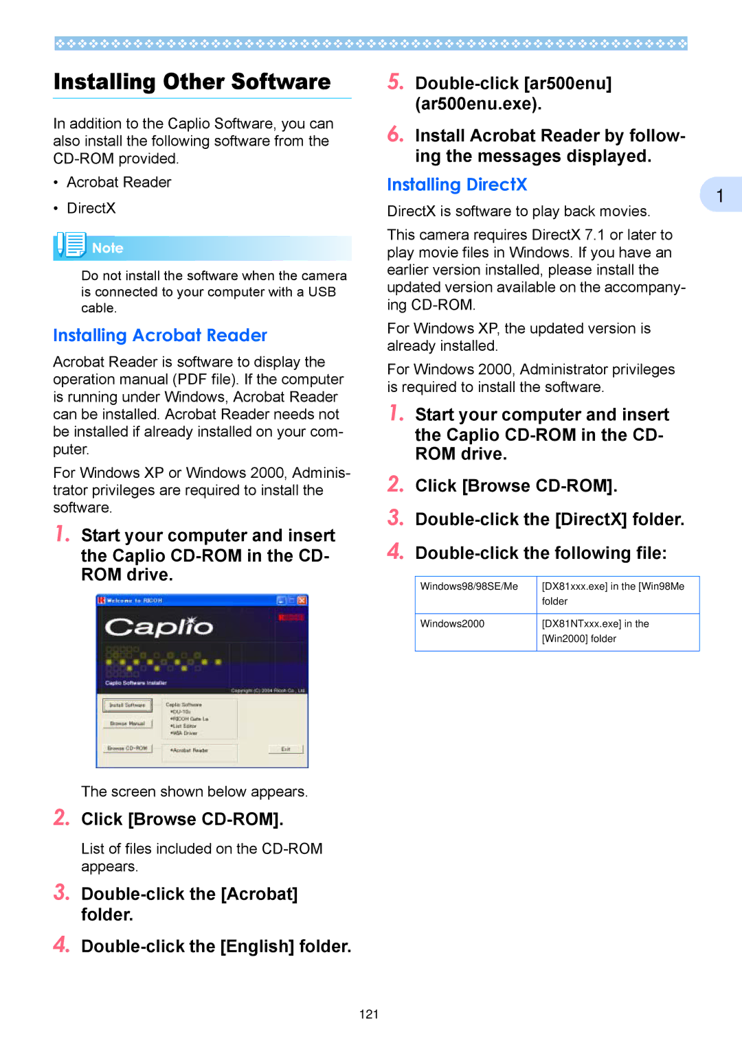 Ricoh Caplio RX Installing Other Software, Installing Acrobat Reader, Click Browse CD-ROM, Installing DirectX 