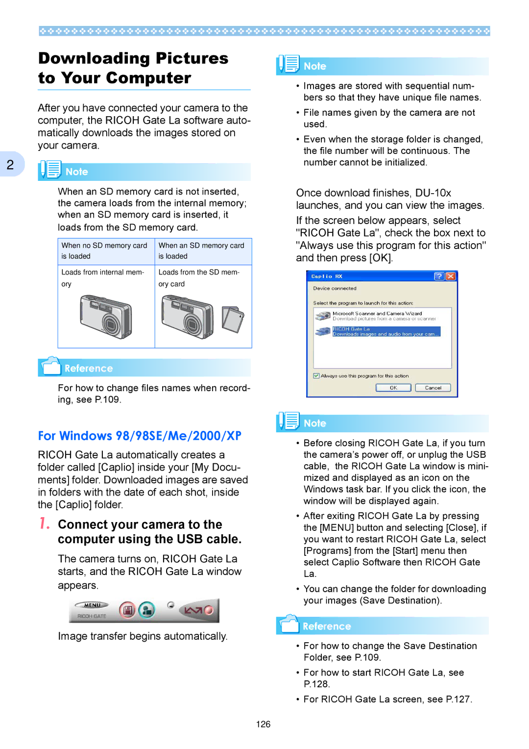 Ricoh Caplio RX operation manual Downloading Pictures to Your Computer, For Windows 98/98SE/Me/2000/XP 