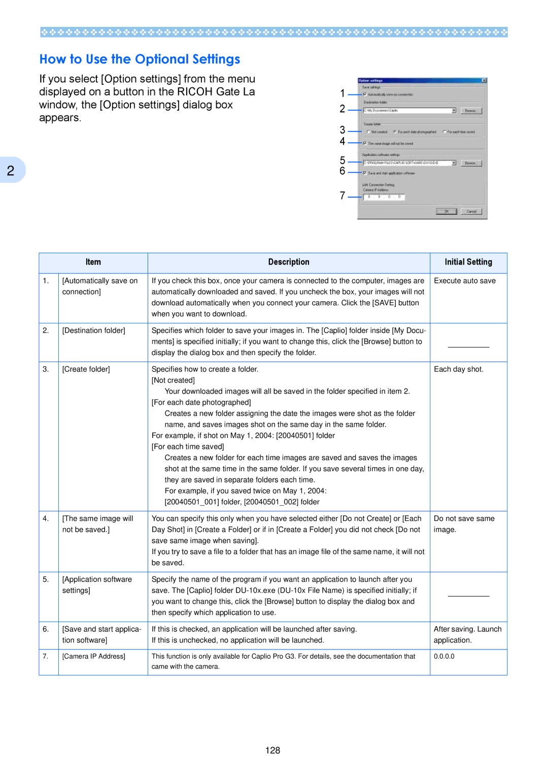 Ricoh Caplio RX operation manual How to Use the Optional Settings, Description Initial Setting 