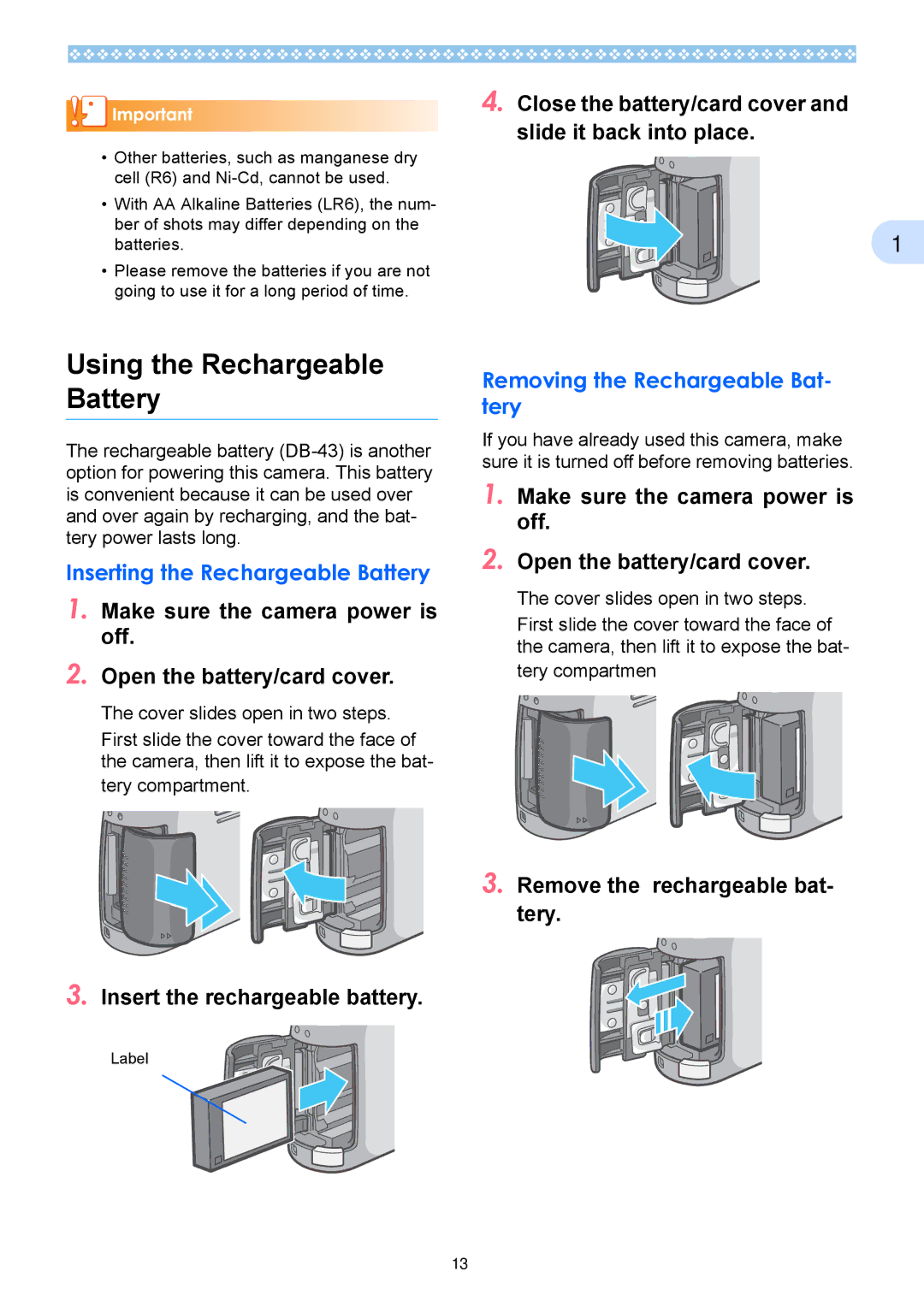 Ricoh Caplio RX Using the Rechargeable Battery, Inserting the Rechargeable Battery, Removing the Rechargeable Bat- tery 