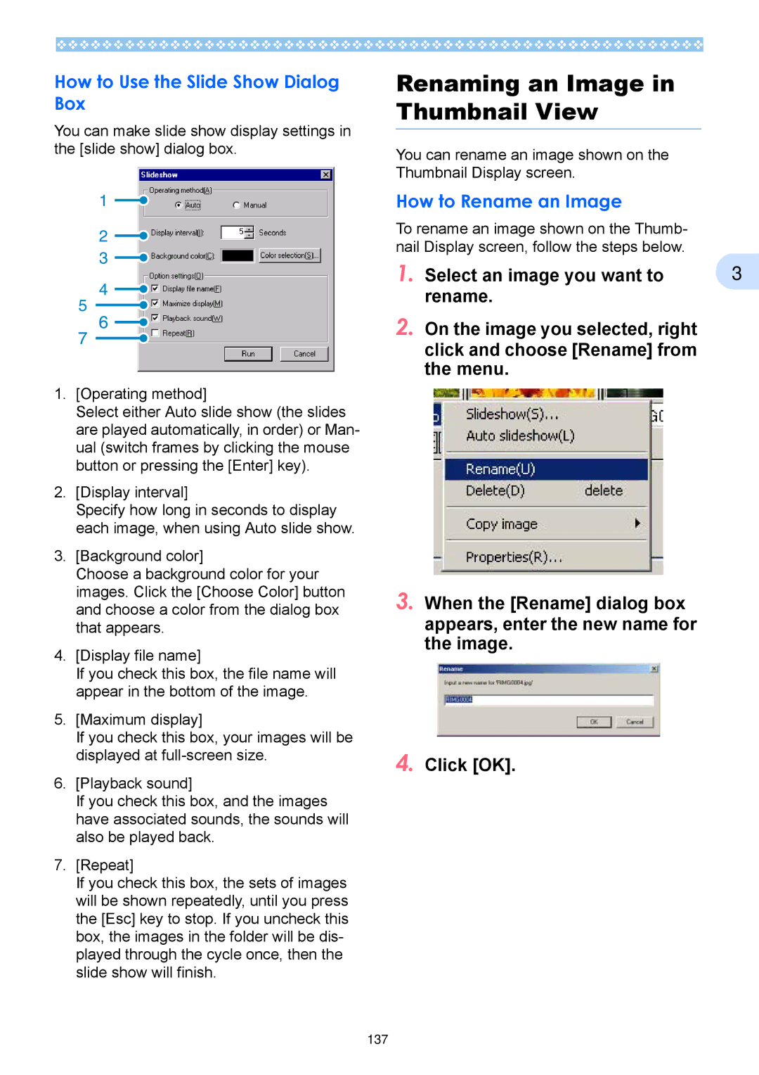 Ricoh Caplio RX Renaming an Image in Thumbnail View, How to Use the Slide Show Dialog Box, How to Rename an Image 