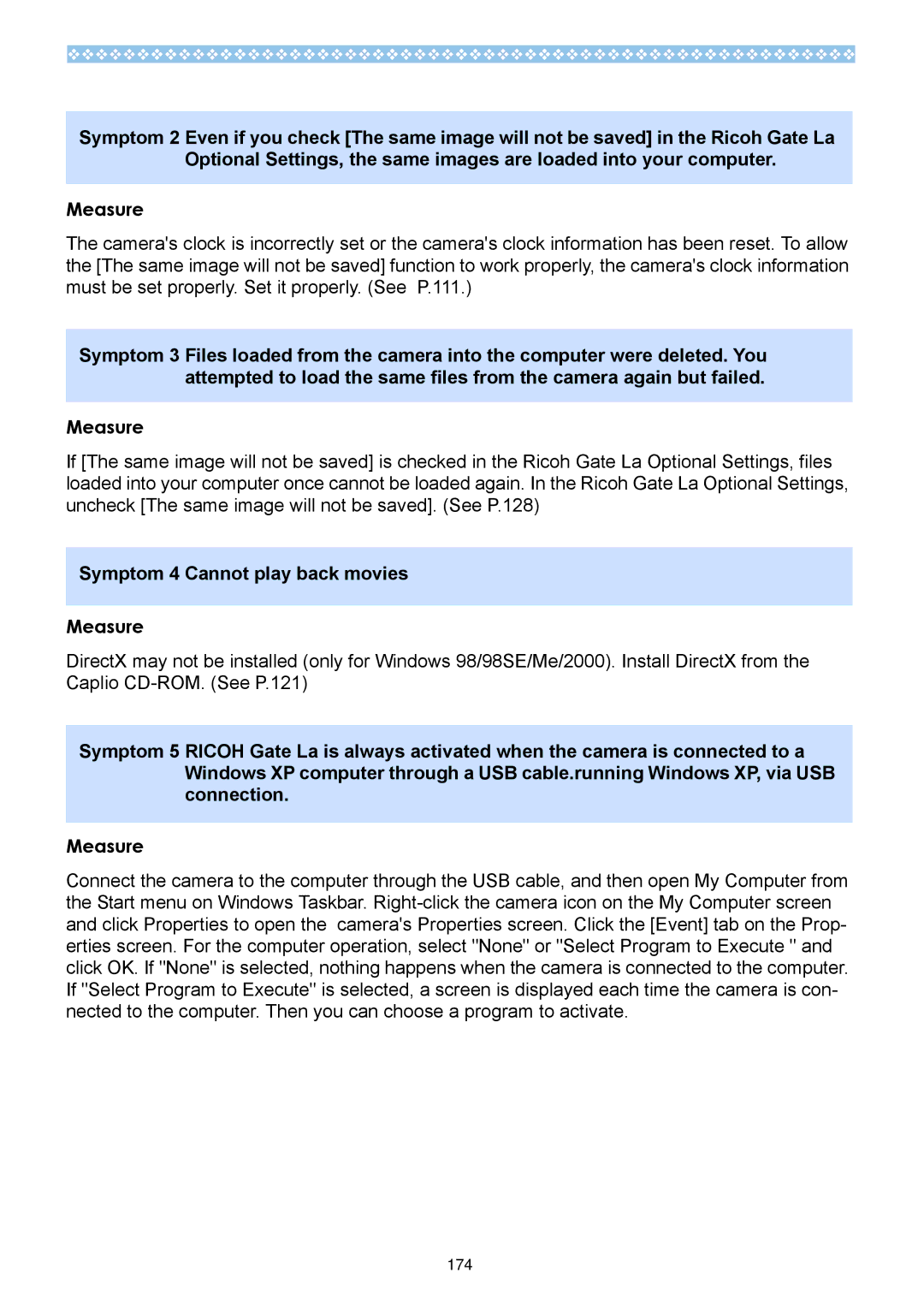 Ricoh Caplio RX operation manual Symptom 4 Cannot play back movies 