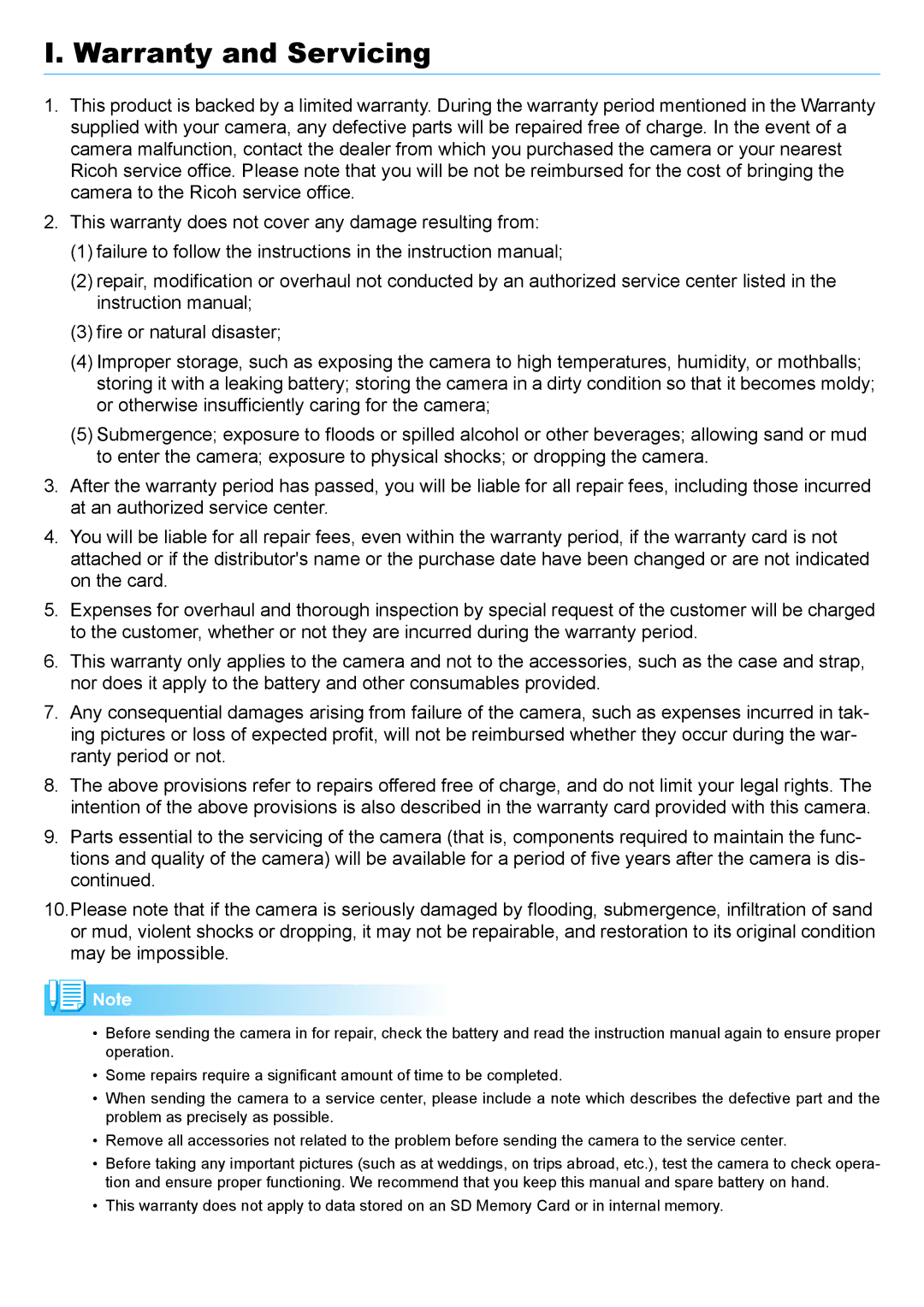 Ricoh Caplio RX operation manual Warranty and Servicing 