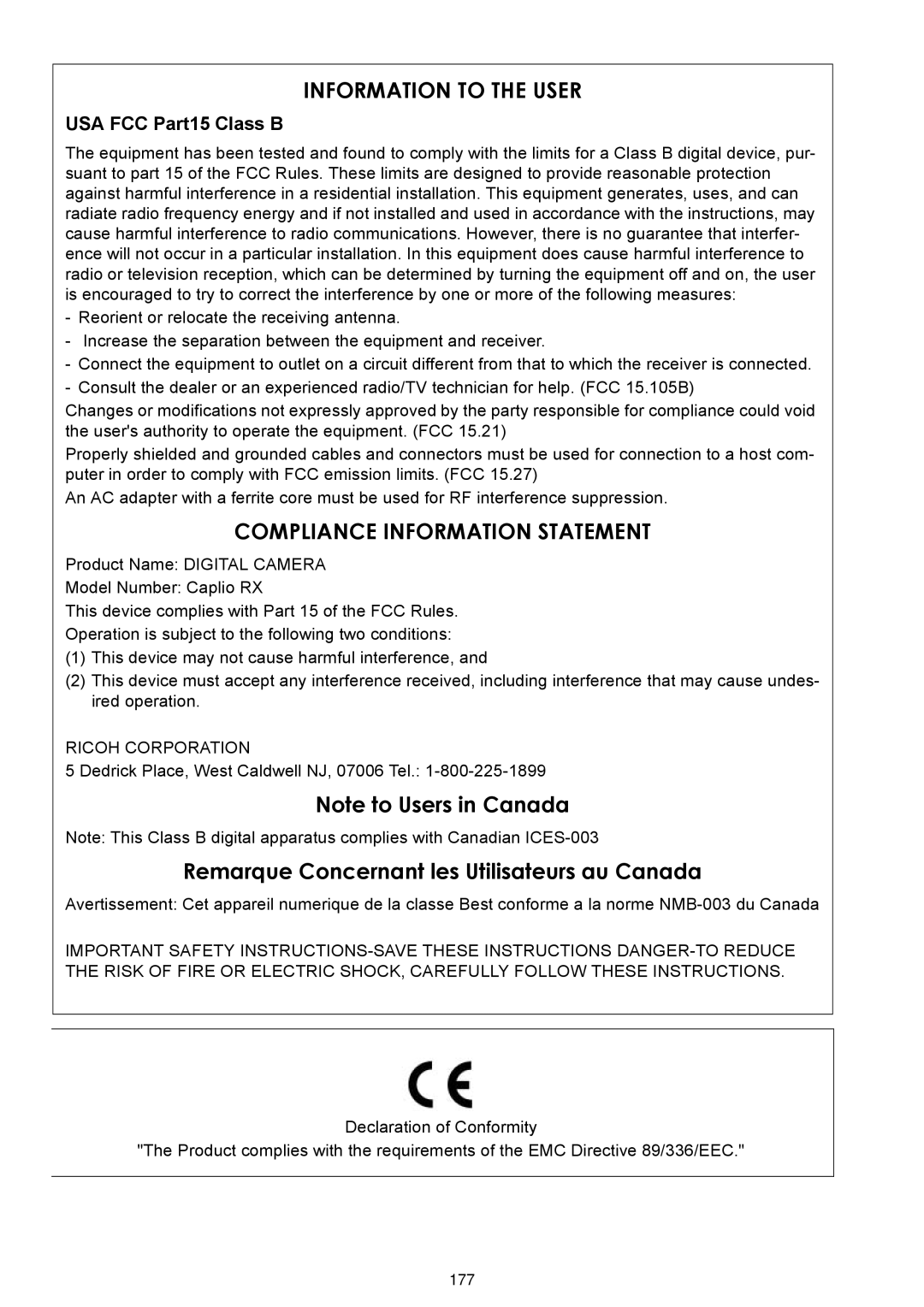 Ricoh Caplio RX operation manual Information to the User, USA FCC Part15 Class B 