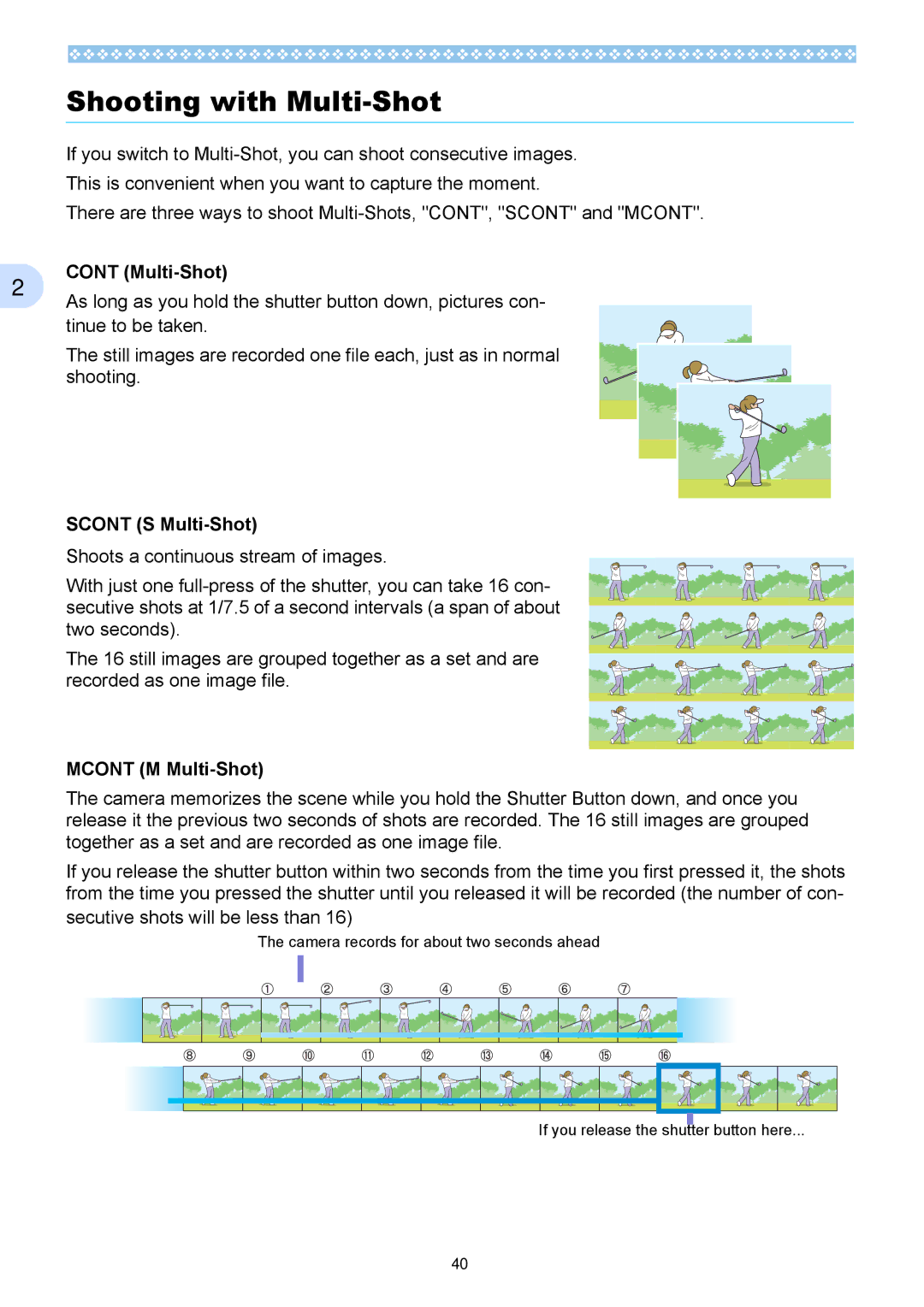 Ricoh Caplio RX operation manual Shooting with Multi-Shot, Scont S Multi-Shot, Mcont M Multi-Shot 