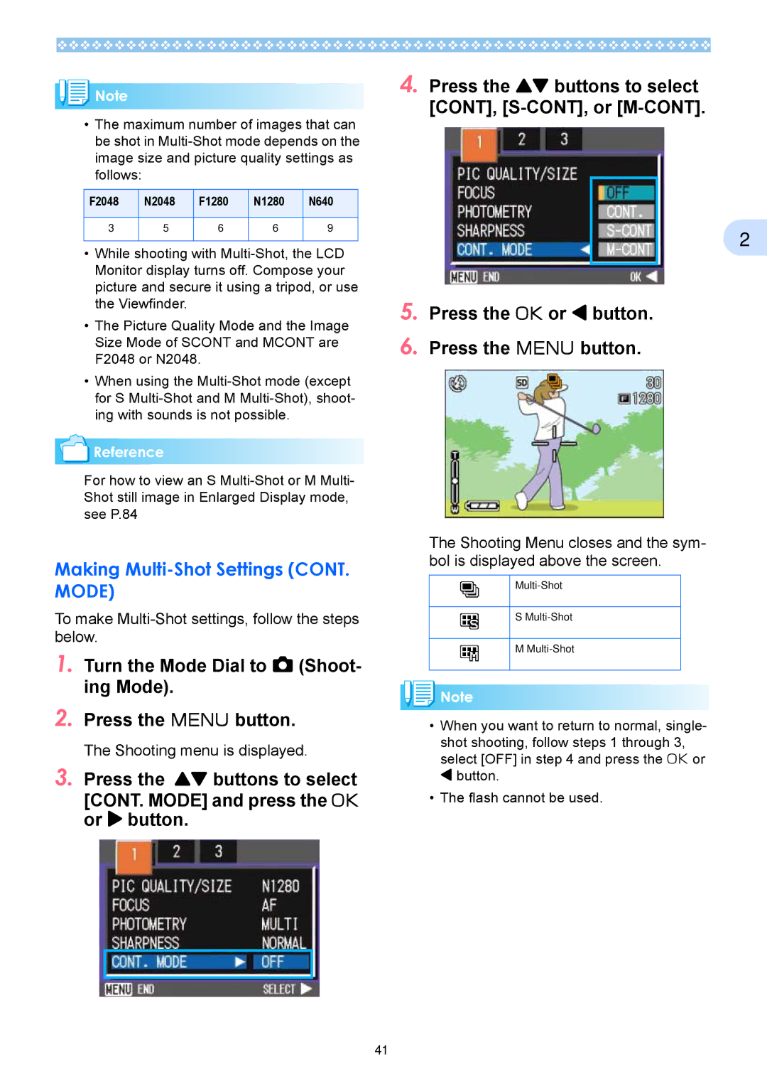 Ricoh Caplio RX Making Multi-Shot Settings CONT. Mode, Turn the Mode Dial to 5 Shoot- ing Mode Press the M button 