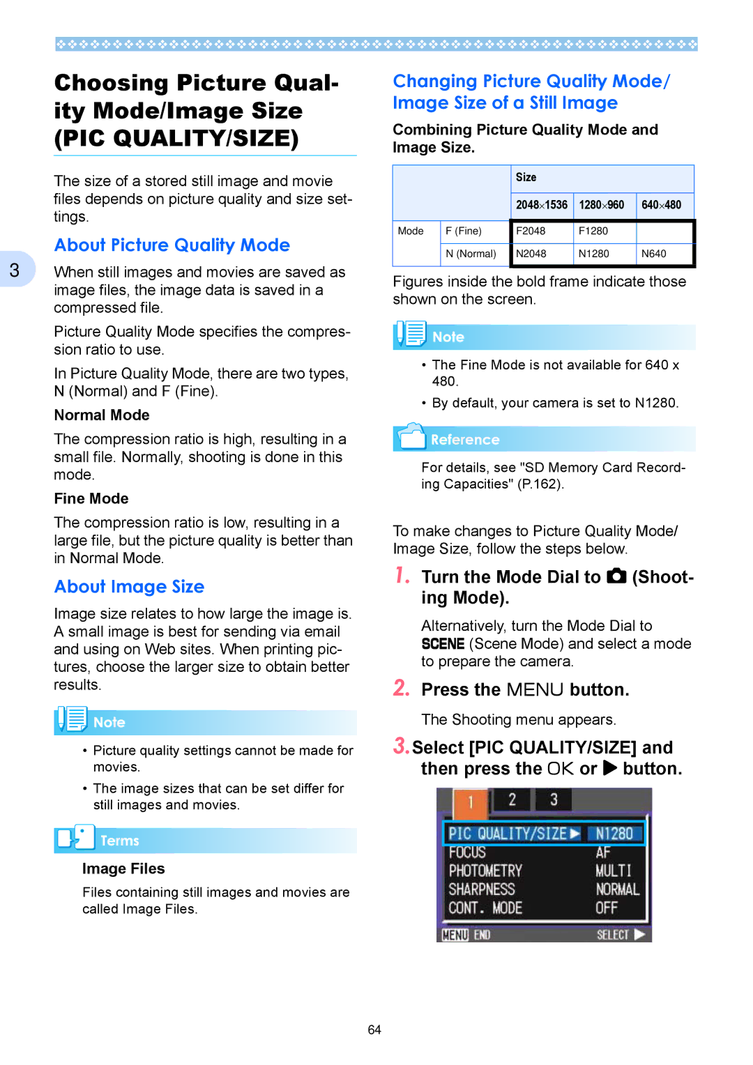 Ricoh Caplio RX operation manual Choosing Picture Qual- ity Mode/Image Size, About Picture Quality Mode, About Image Size 