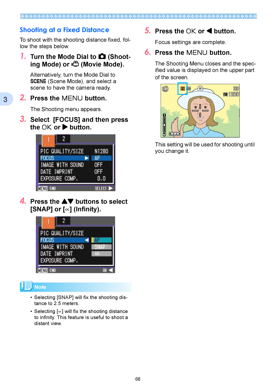 Ricoh Caplio RX operation manual Shooting at a Fixed Distance, Press the ! buttons to select Snap or ∝ Infinity 