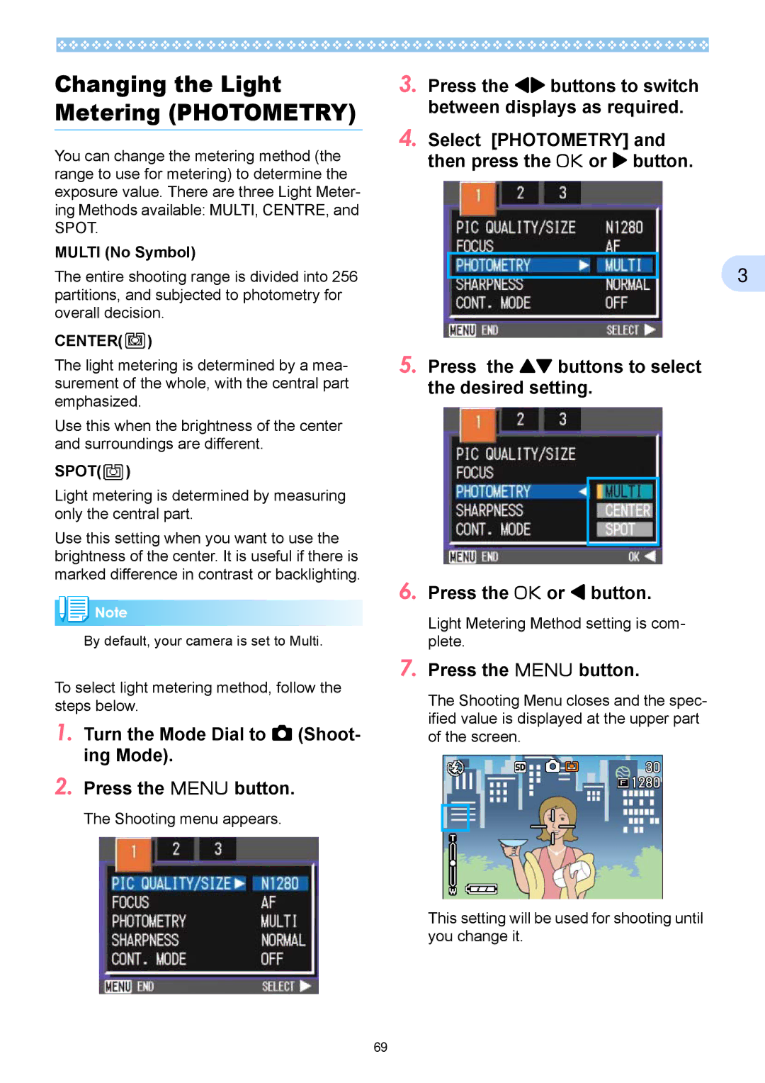 Ricoh Caplio RX operation manual Multi No Symbol, Spot, To select light metering method, follow the steps below 