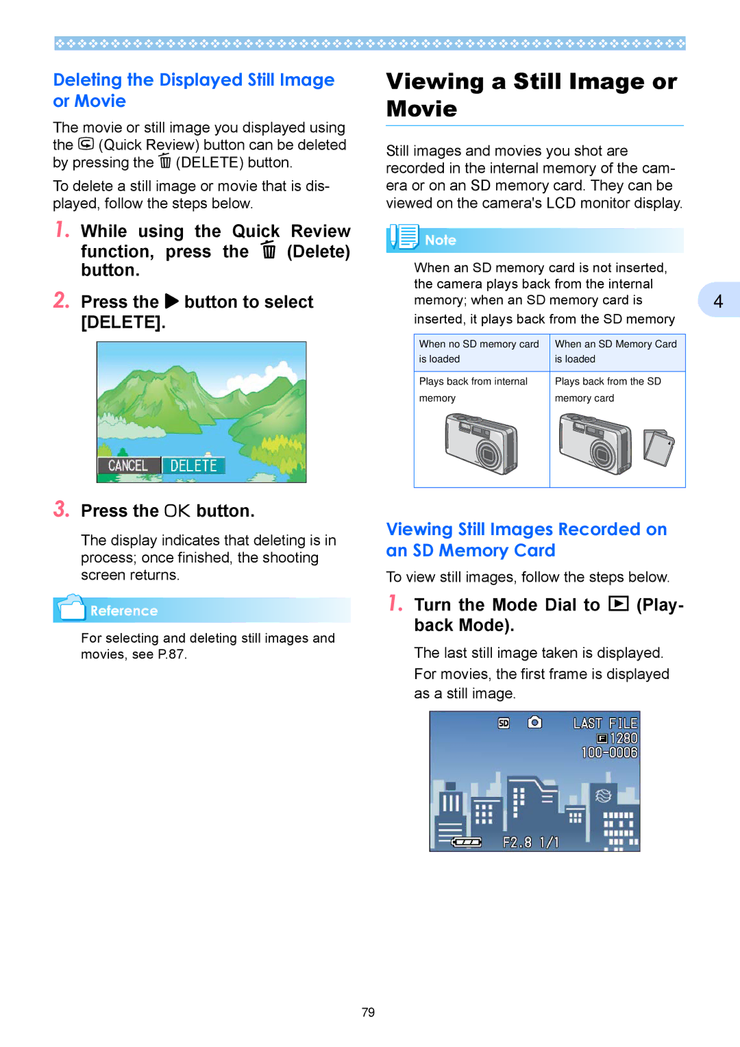 Ricoh Caplio RX operation manual Viewing a Still Image or Movie, Deleting the Displayed Still Image or Movie 