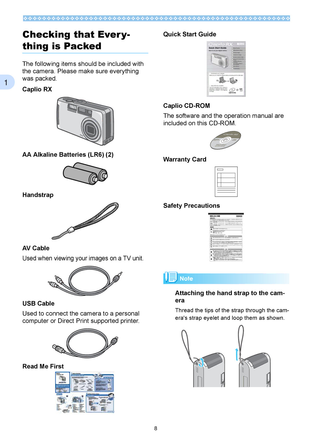 Ricoh Caplio RX Checking that Every- thing is Packed, AA Alkaline Batteries LR6 Handstrap AV Cable, USB Cable 