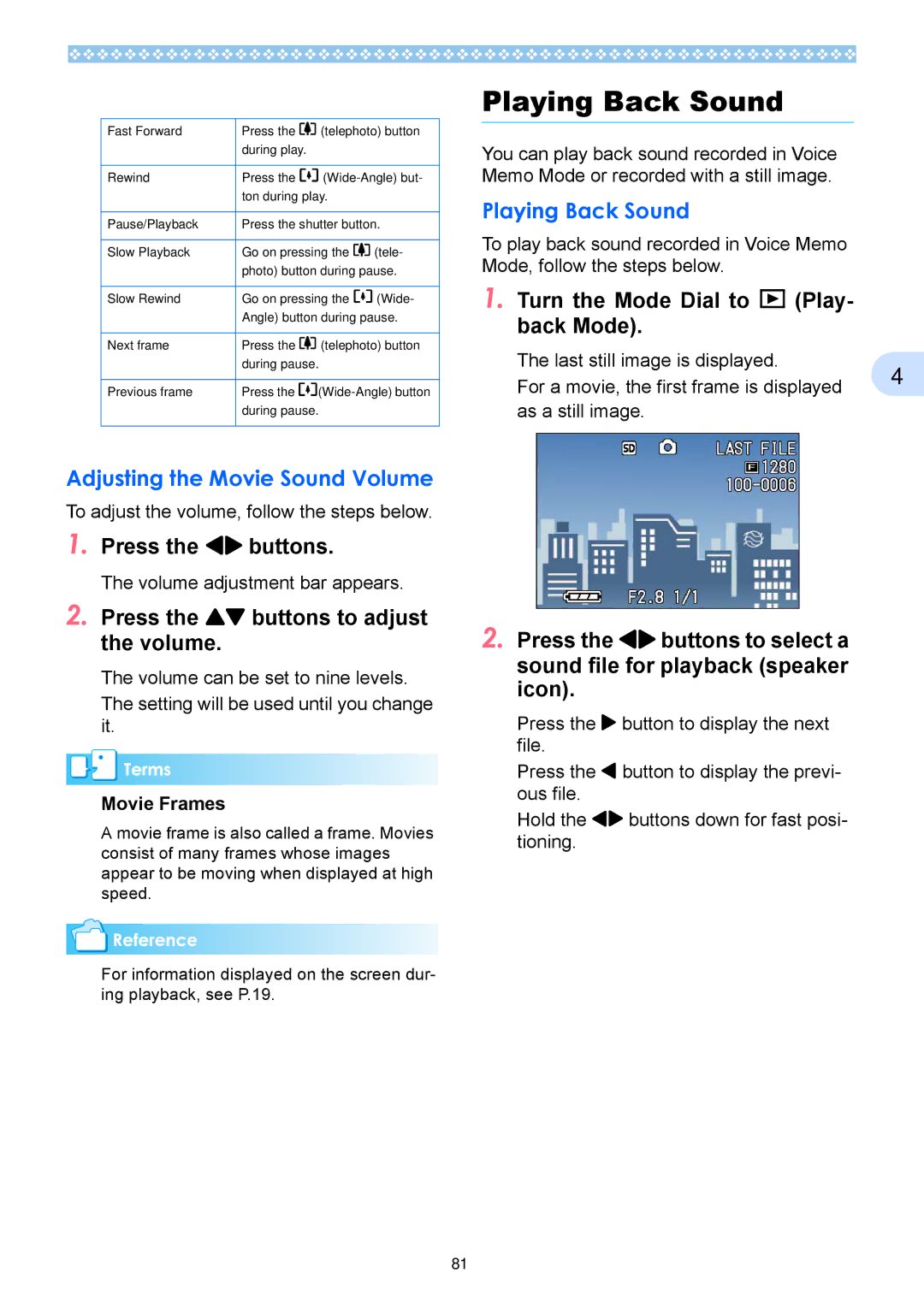 Ricoh Caplio RX operation manual Playing Back Sound, Adjusting the Movie Sound Volume, Icon, Movie Frames 