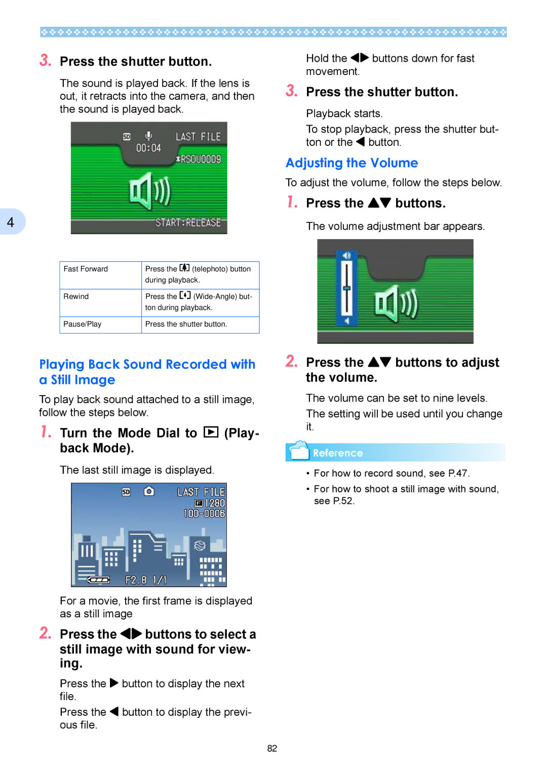 Ricoh Caplio RX operation manual Playing Back Sound Recorded with a Still Image, Adjusting the Volume, Press the ! buttons 