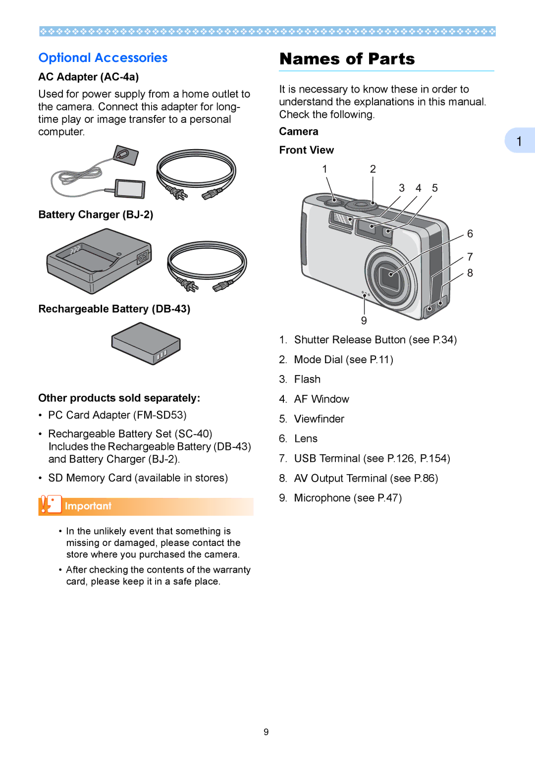 Ricoh Caplio RX operation manual Names of Parts, Optional Accessories, AC Adapter AC-4a, Camera Front View 