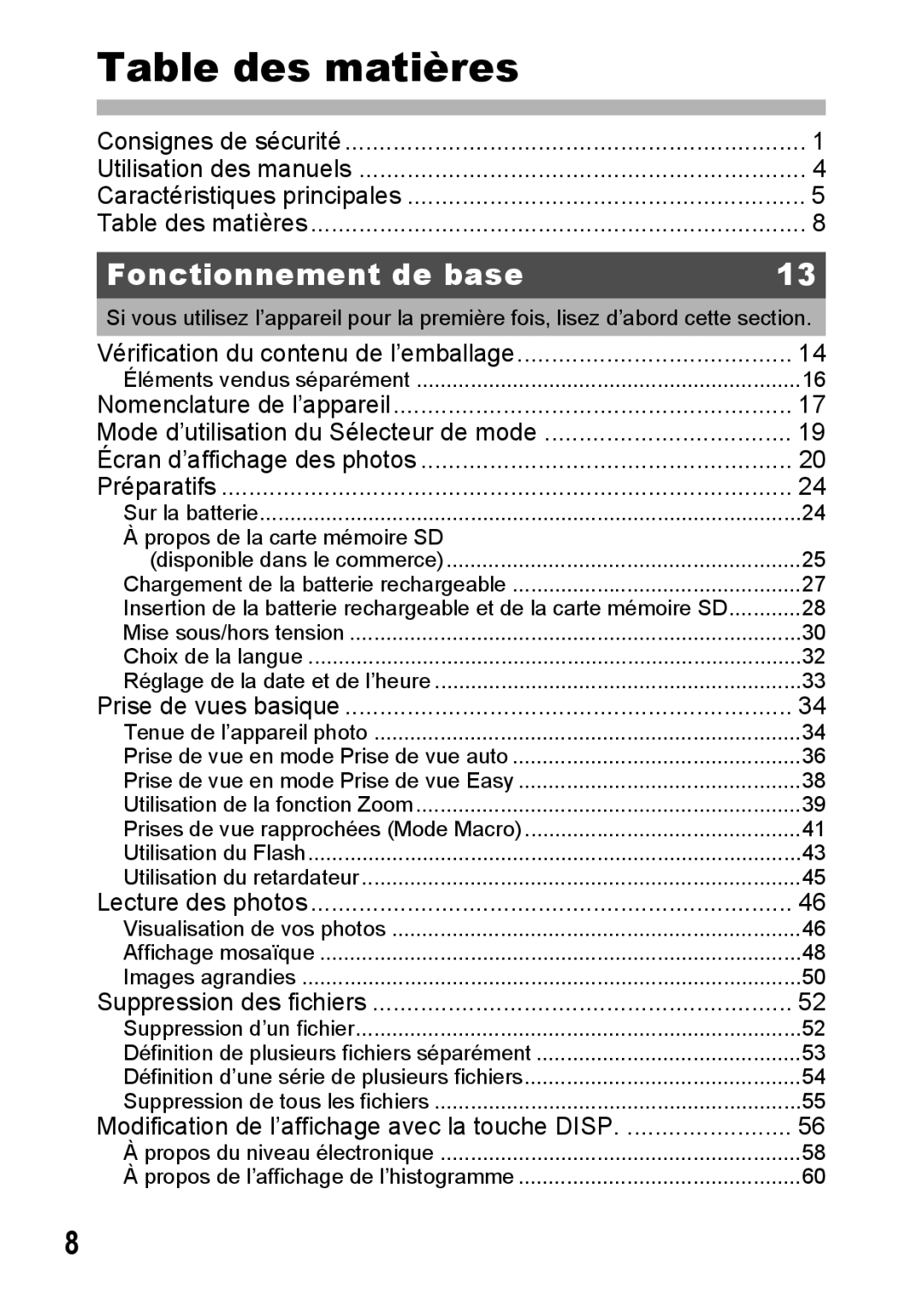 Ricoh CX1 manual Table des matières, Fonctionnement de base 