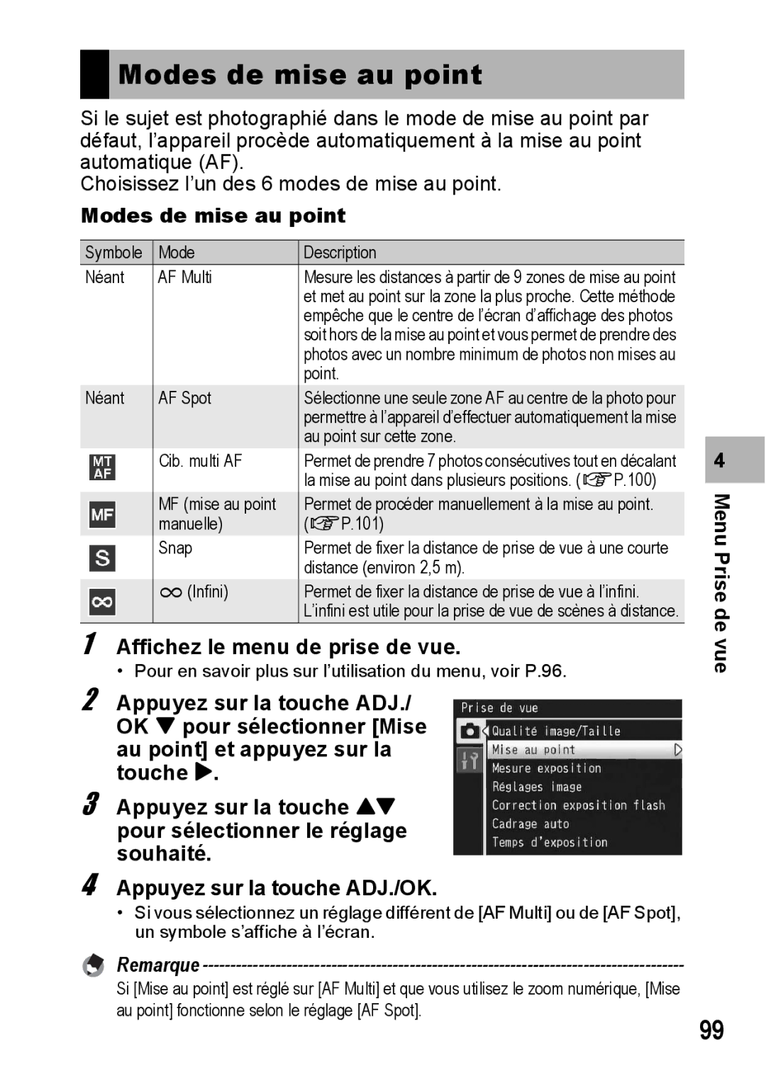 Ricoh CX1 manual Modes de mise au point 