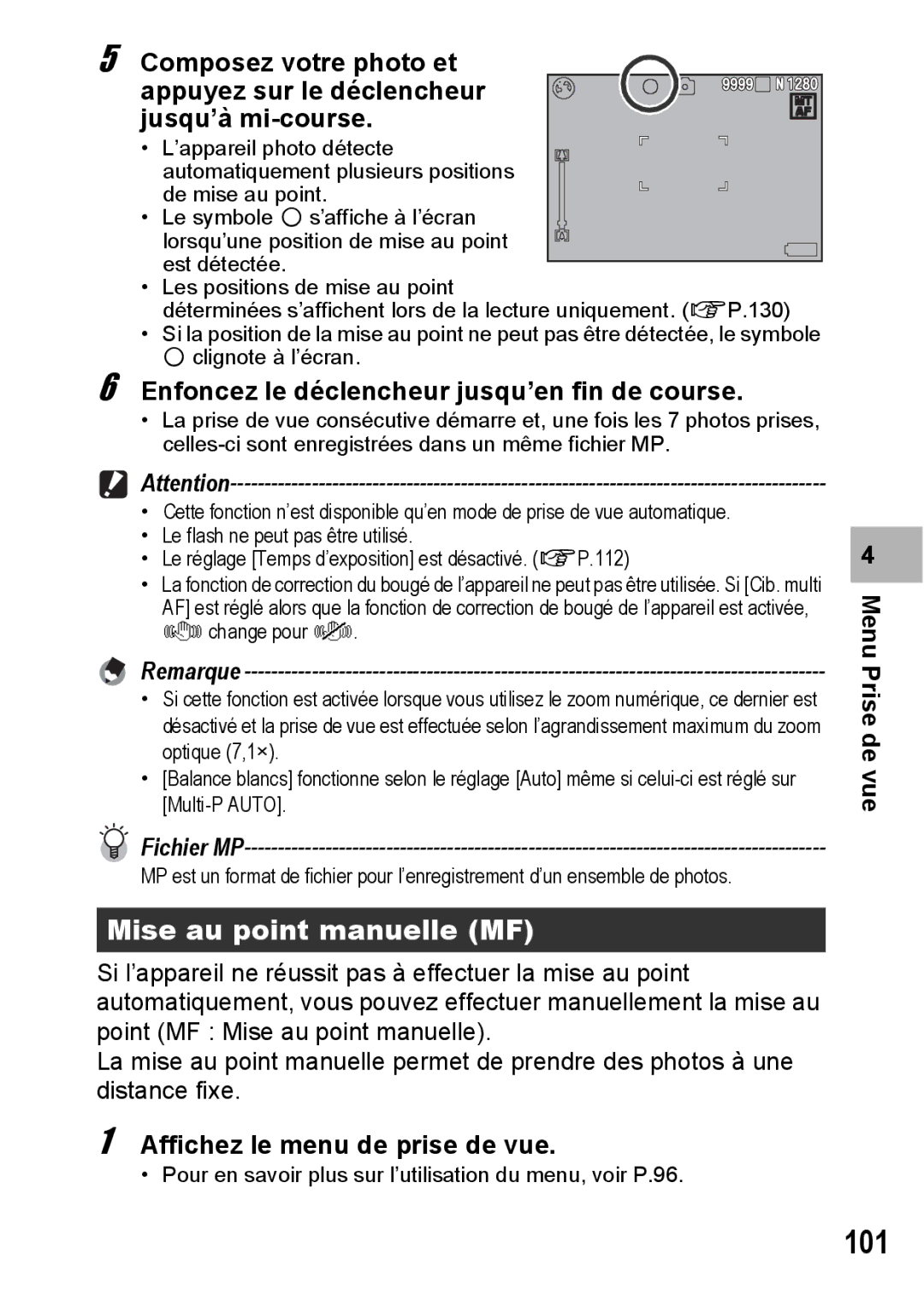 Ricoh CX1 manual 101, Mise au point manuelle MF, Enfoncez le déclencheur jusqu’en fin de course 