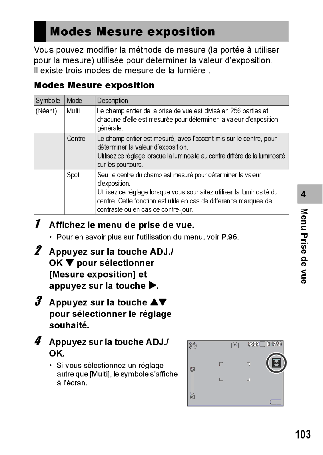 Ricoh CX1 manual Modes Mesure exposition, 103 