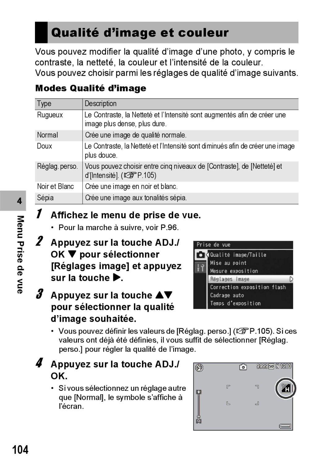 Ricoh CX1 manual Qualité d’image et couleur, 104, Modes Qualité d’image 