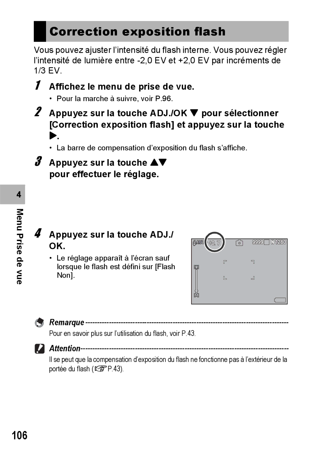 Ricoh CX1 manual Correction exposition flash, 106 