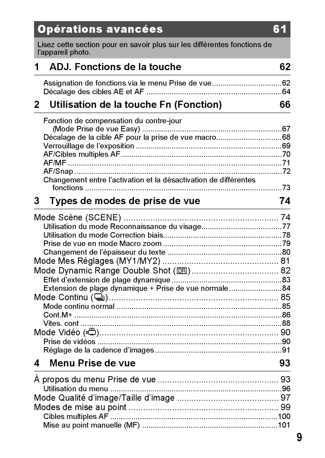 Ricoh CX1 manual Opérations avancées, ADJ. Fonctions de la touche, Utilisation de la touche Fn Fonction, Menu Prise de vue 