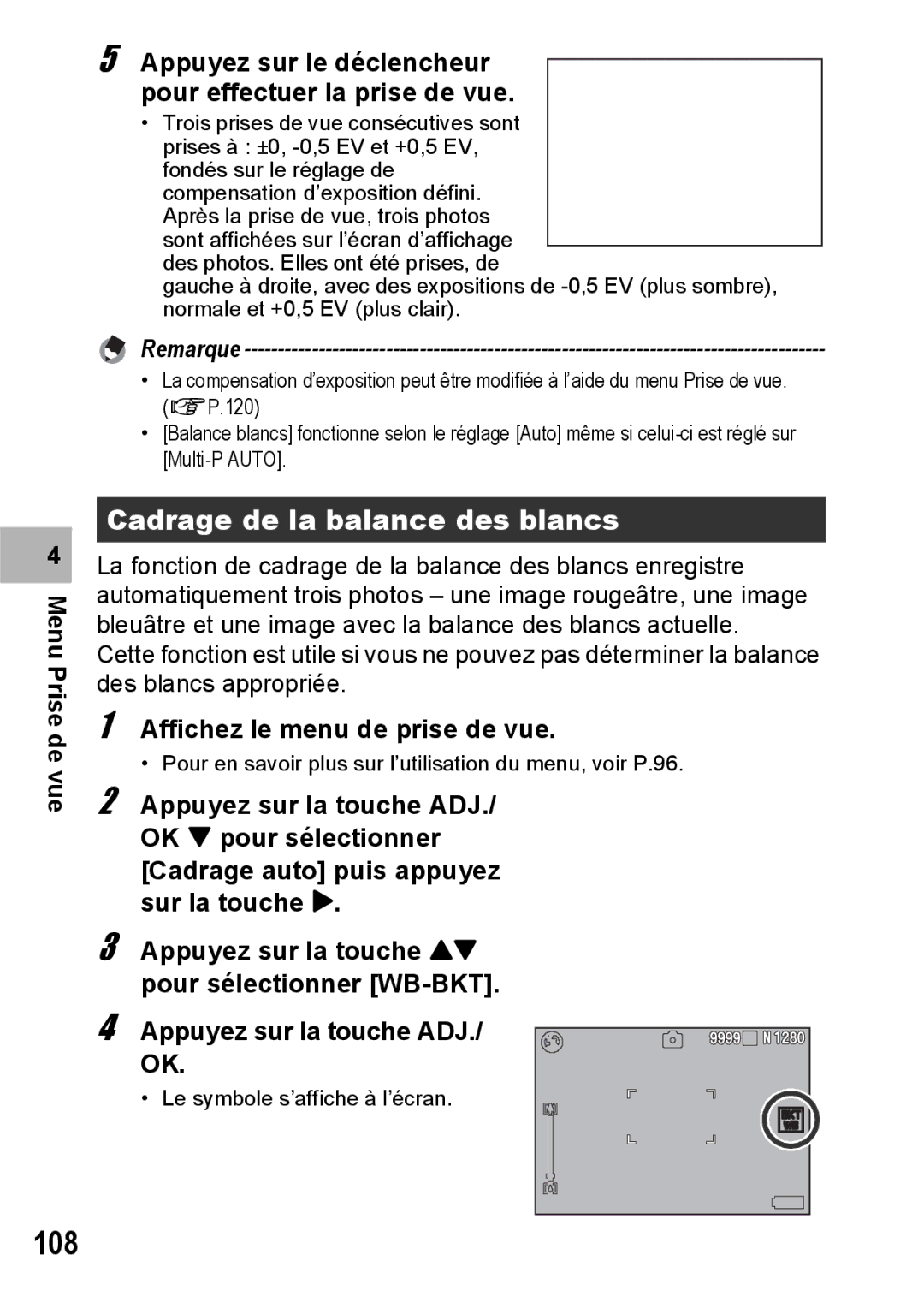 Ricoh CX1 manual 108, Cadrage de la balance des blancs 