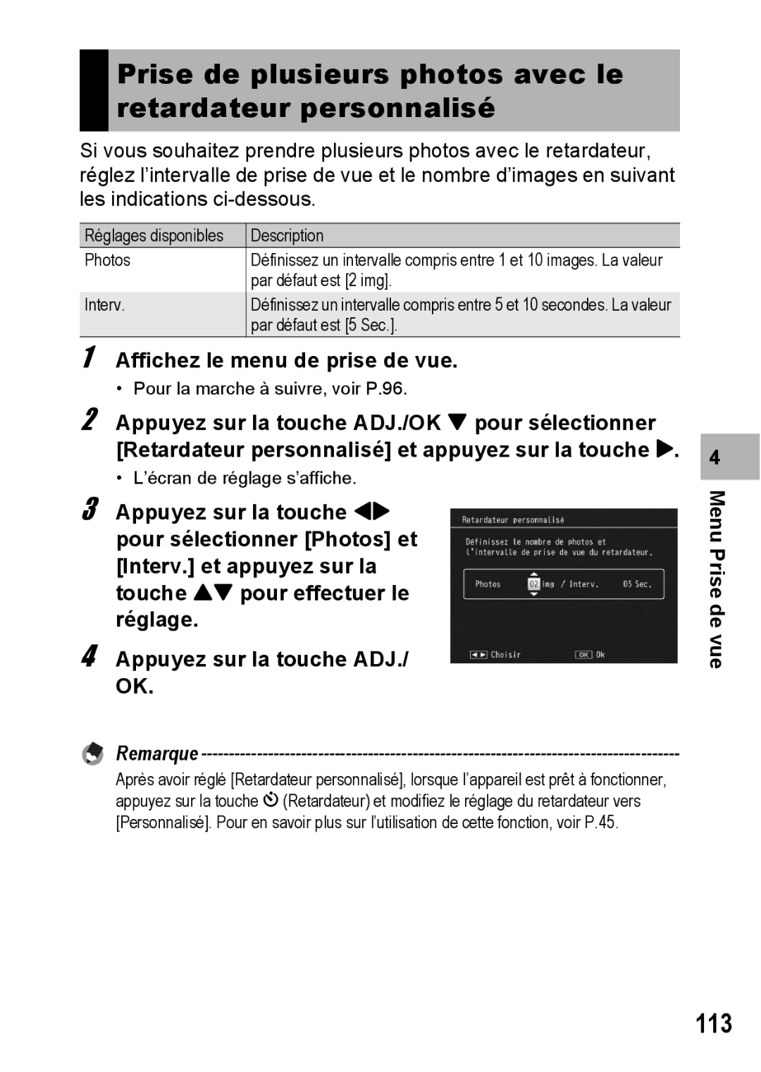 Ricoh CX1 manual Prise de plusieurs photos avec le retardateur personnalisé, 113 